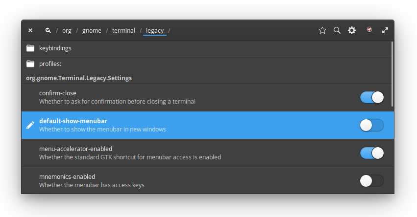 Uncheck default-show-menubar for GNOME Terminal in dconf-settings